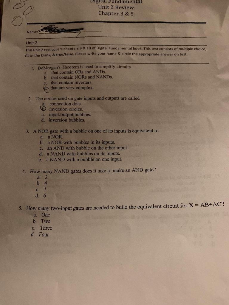 Solved Digital Fundamental Unit 2 Review Chapter 3&5 Name: | Chegg.com