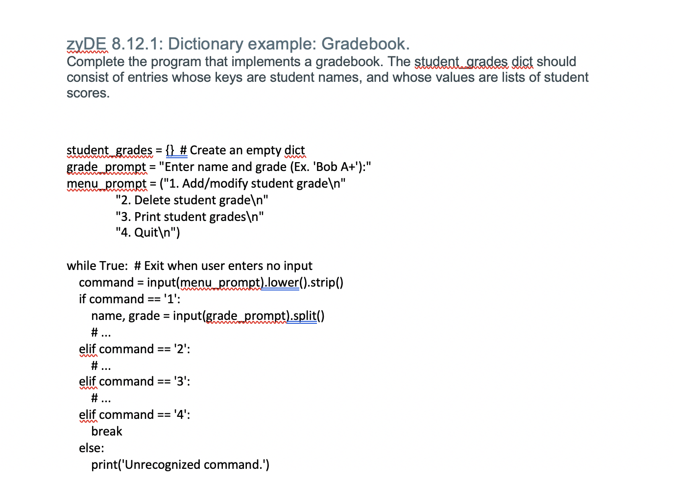 Solved ZyDE 8 12 1 Dictionary Example Gradebook Comple