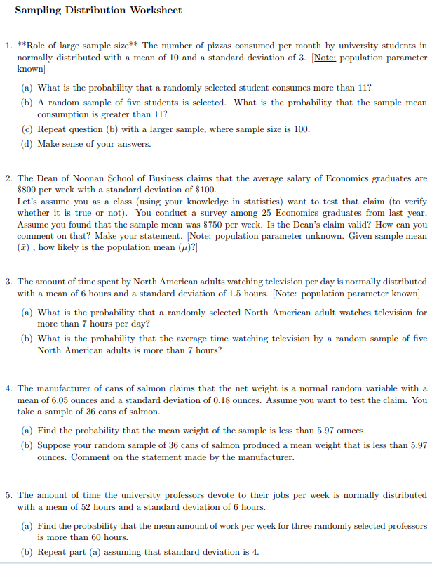 Solved Sampling Distribution Worksheet 1. **Role of large | Chegg.com