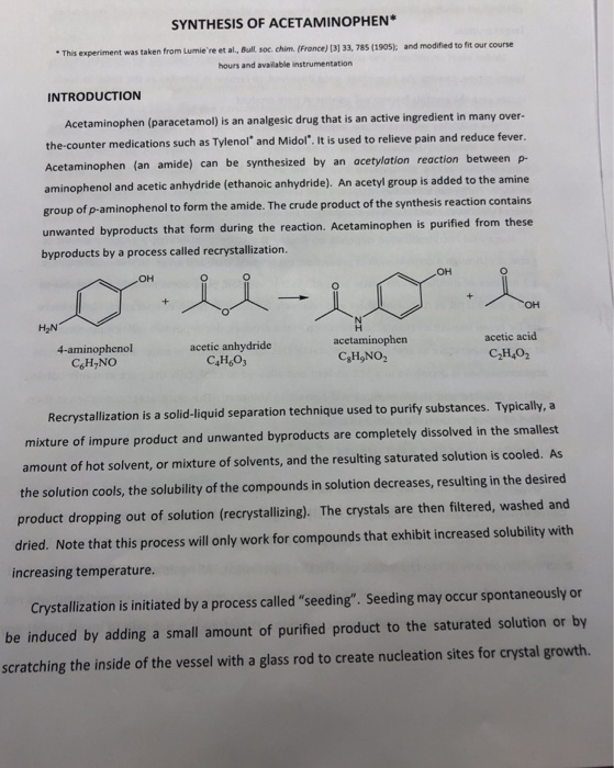 Solved SYNTHESIS OF ACETAMINOPHEN Was Taken From Lumie're Et | Chegg.com