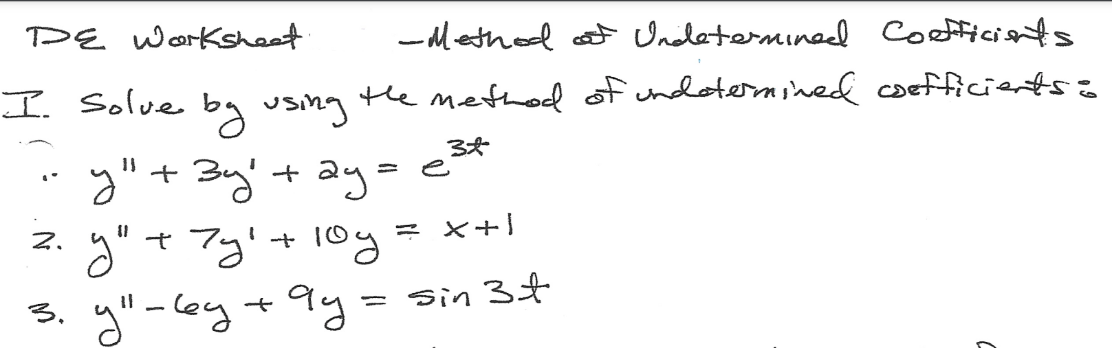 Solved DE Worksheet. 3t -Method of Undetermined coefficients | Chegg.com