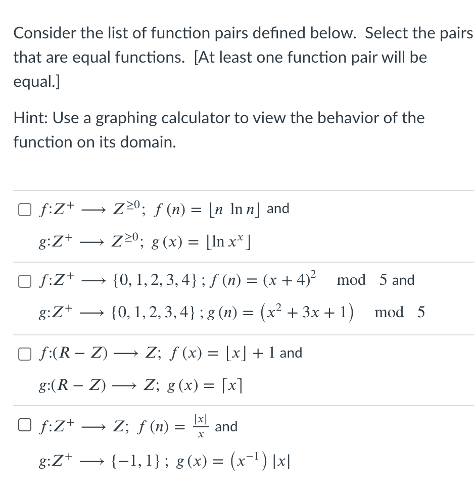 Solved Consider the list of function pairs defined below. | Chegg.com