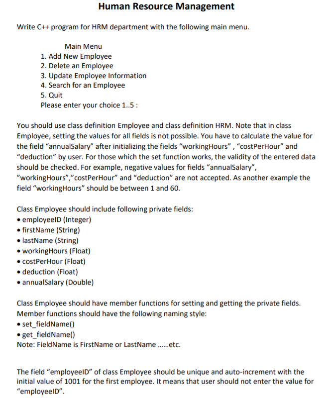 Solved Human Resource Management Write C++ program for HRM | Chegg.com