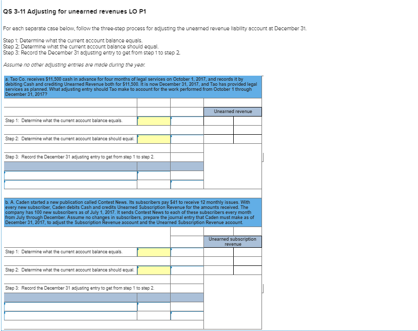 Solved QS 3-11 Adjusting for unearned revenues LO P1 For | Chegg.com