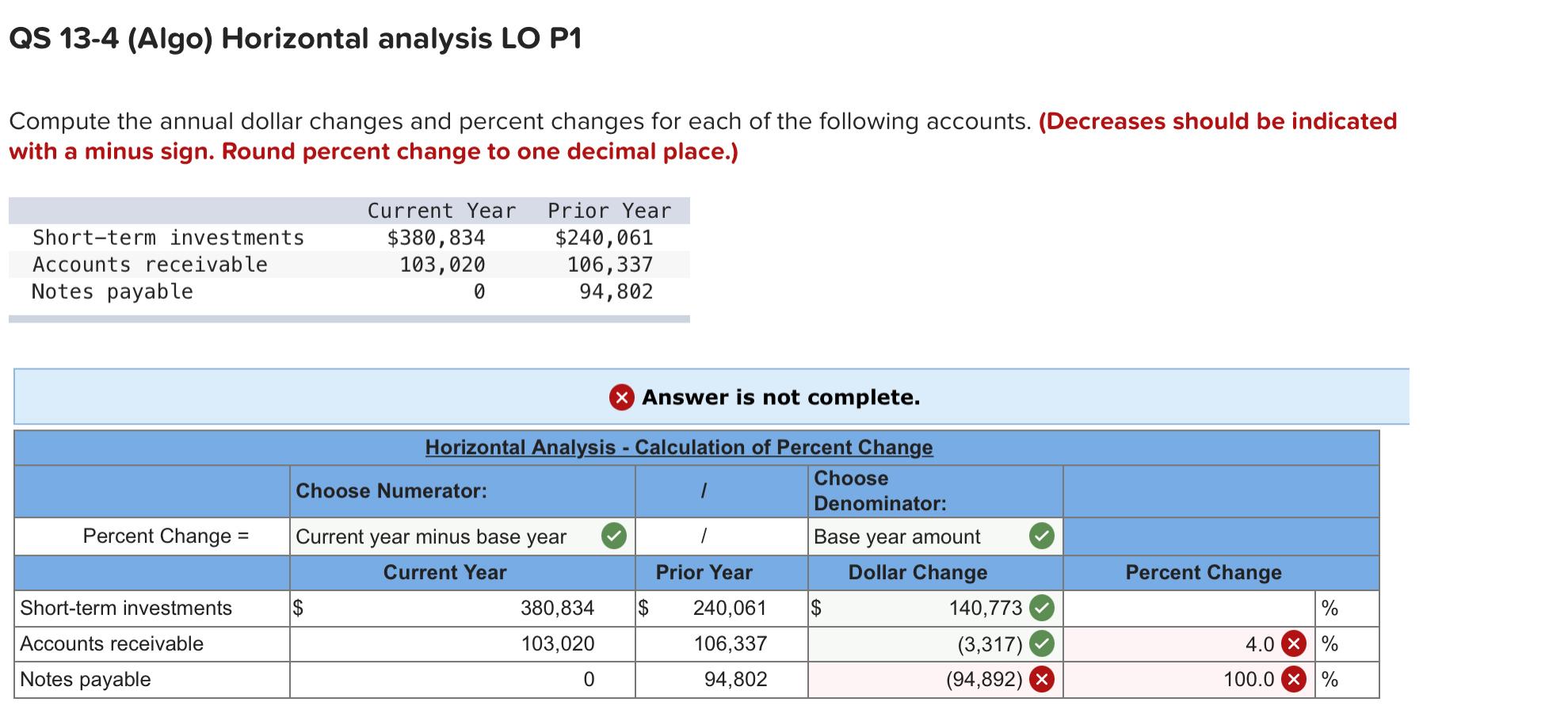Solved QS 134 (Algo) Horizontal analysis LO P1 Compute the
