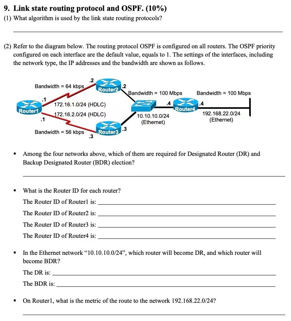 Solved 9. Link state routing protocol and OSPF.(10%) (1) | Chegg.com
