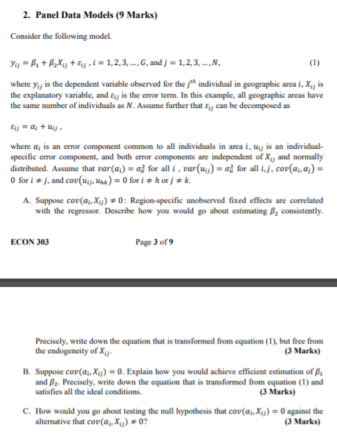 2 Panel Data Models 9 Marks Consider The Following Chegg Com
