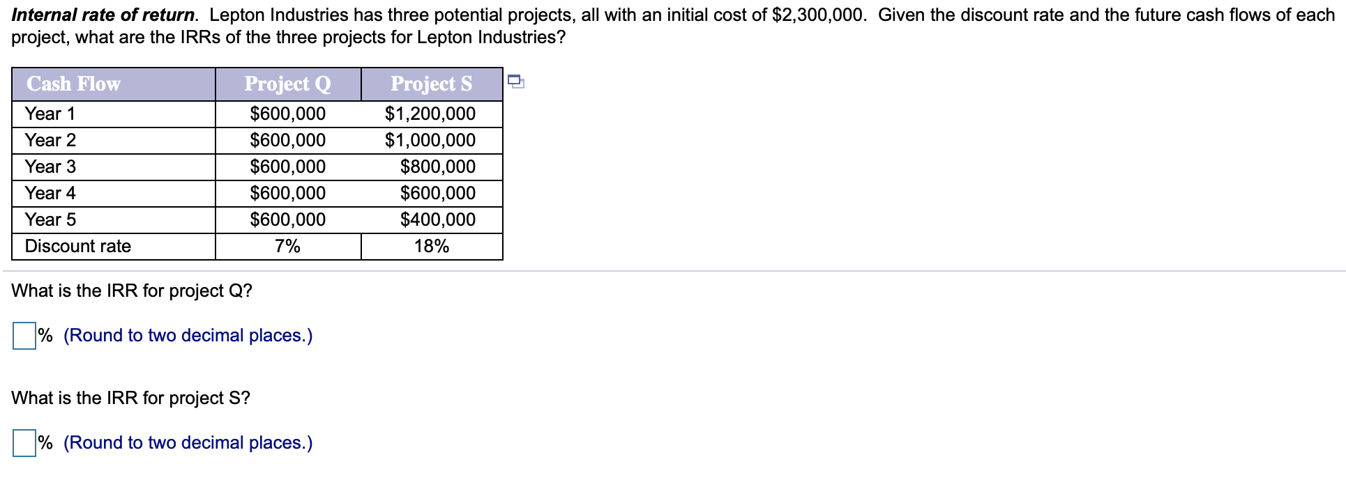 Solved Internal rate of return. Lepton Industries has three | Chegg.com