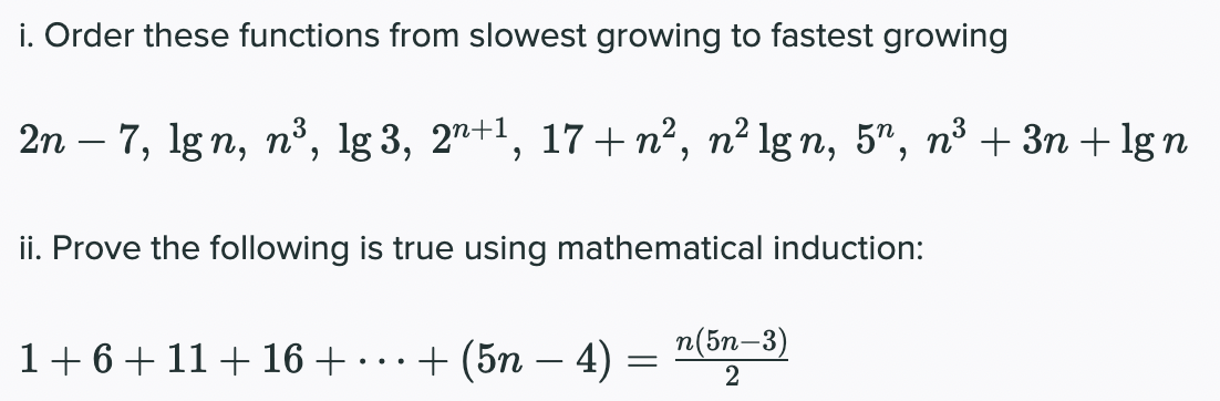 Solved I. Order These Functions From Slowest Growing To | Chegg.com