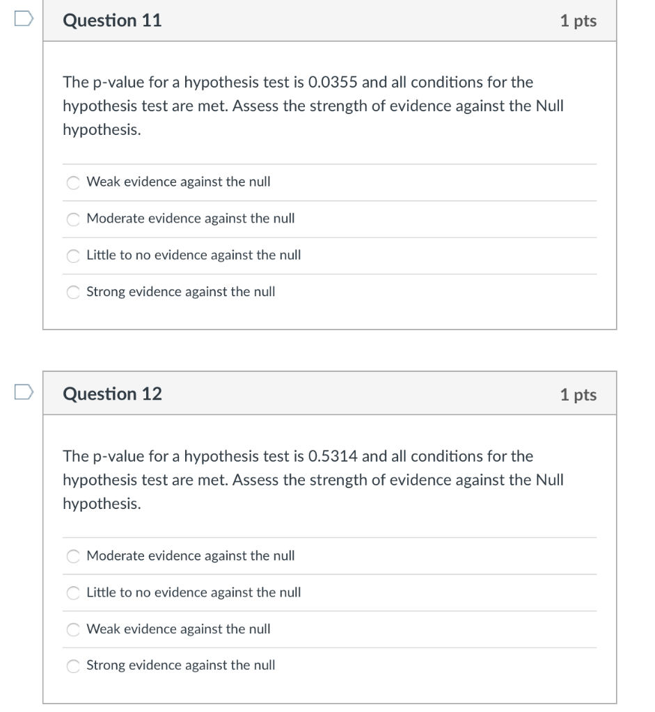 Solved Question 11 1 pts The p-value for a hypothesis test | Chegg.com