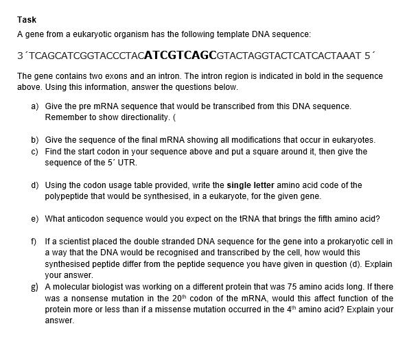 Solved Task A gene from a eukaryotic organism has the | Chegg.com