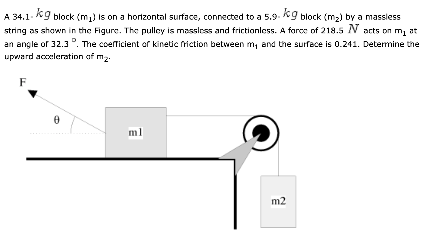 A 34.1- \( k g \) block \( \left(\mathrm{m}_{1}\right) \) is on a horizontal surface, connected to a 5.9- \( k g \) block \( 
