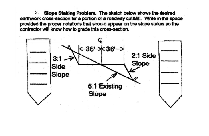 2. Slope Staking Problem. The sketch below shows the desired earthwork cross-section for a portion of a roadway cut8fill. Wri