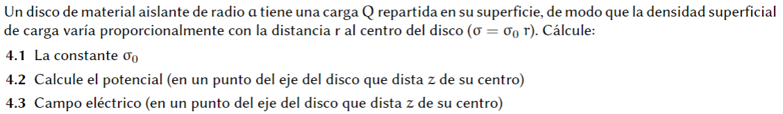 Un disco de material aislante de radio a tiene una carga \( Q \) repartida en su superficie, de modo que la densidad superfic