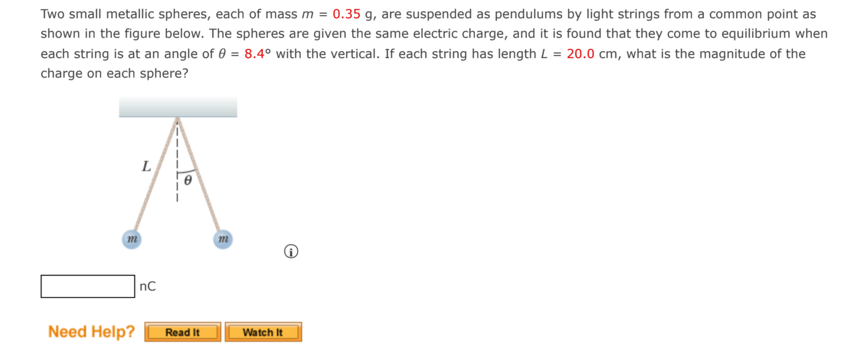 Solved Two small metallic spheres, each of mass m = 0.35 g,