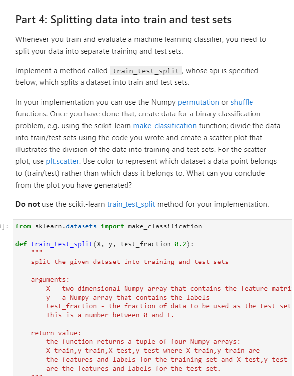 Solved Part 4: Splitting data into train and test sets | Chegg.com