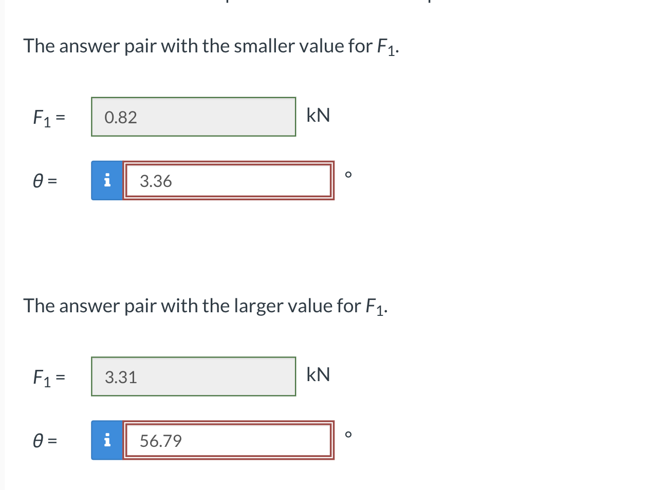 The answer pair with the smaller value for \( F_{1} \).
\( F_{1}= \)
kN
\( \theta= \)
The answer pair with the larger value f