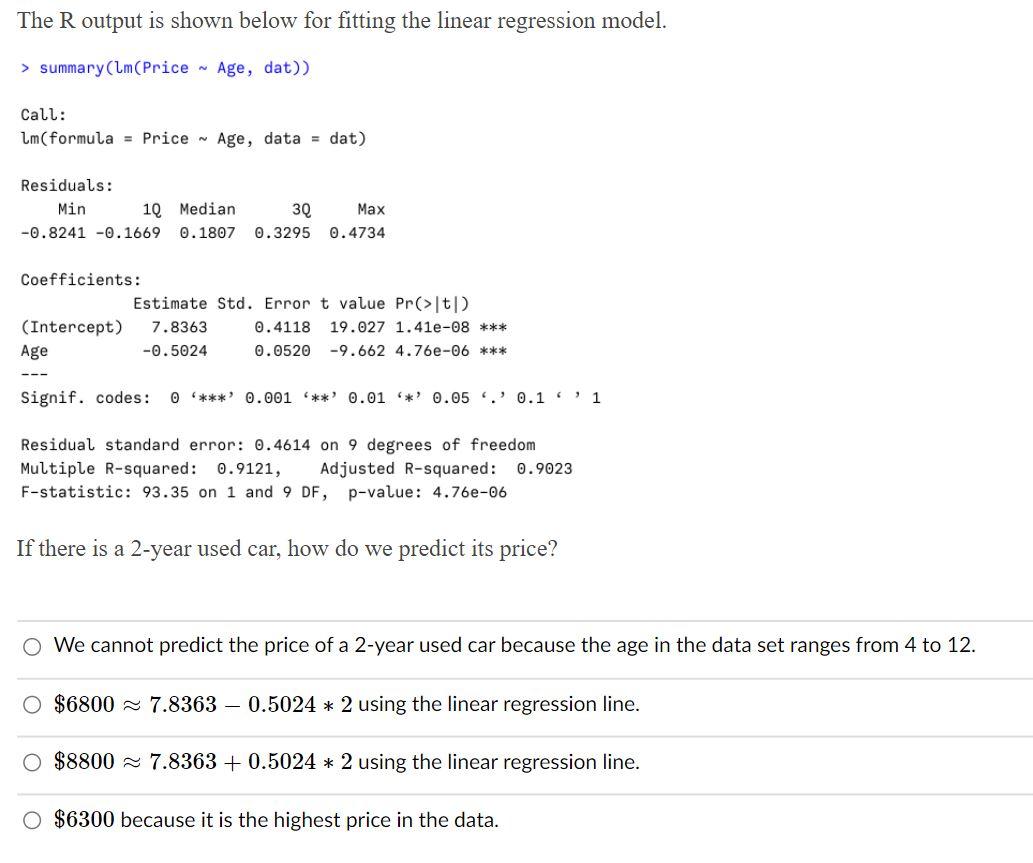Solved A data collect the age in years) and price in | Chegg.com