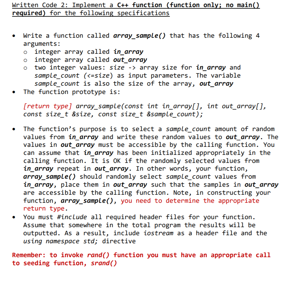 Solved Written Code 2: Implement a C++ function (function | Chegg.com