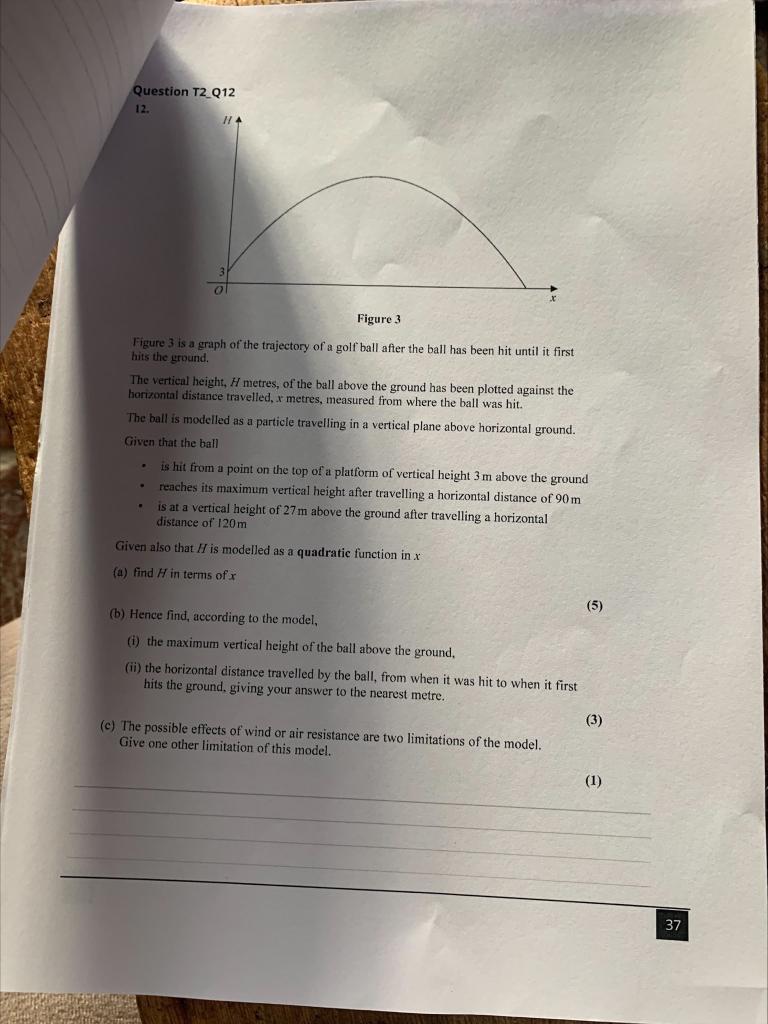 Question T2 Q12
12.
11
7
Figure 3
Figure 3 is a graph of the trajectory of a golf ball after the ball has been hit until it f