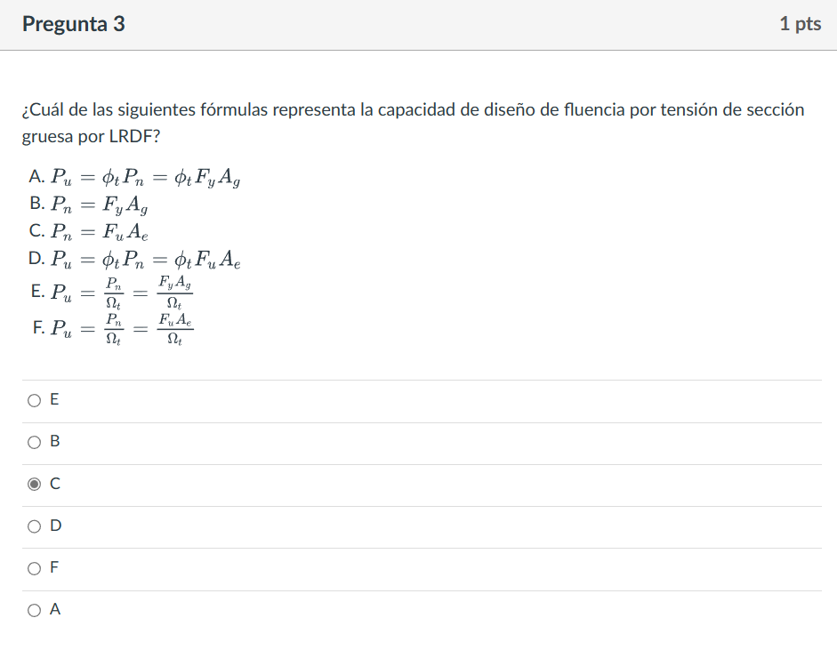 ¿Cuál de las siguientes fórmulas representa la capacidad de diseño de fluencia por tensión de sección gruesa por LRDF? A. \(