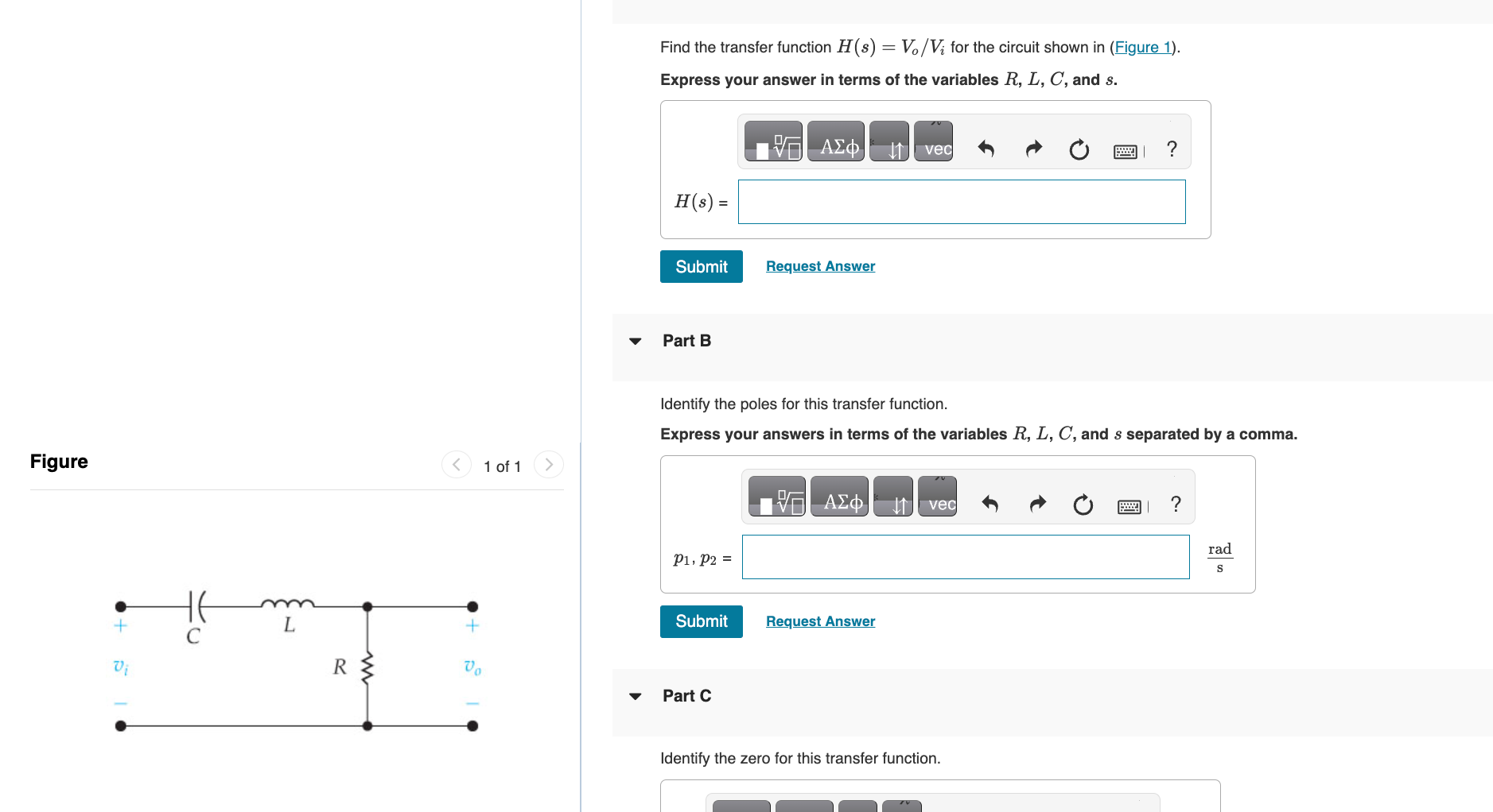 Solved Find The Transfer Function H S Vo Vi For The Circuit