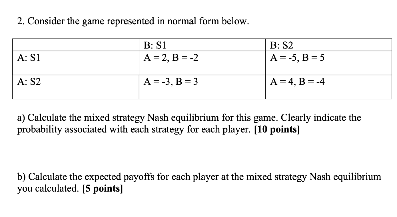 Solved 2. Consider the game represented in normal form | Chegg.com