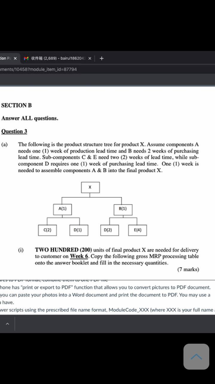 (a) The following is the product structure tree for product X. Assume components A needs one (1) week of production lead time