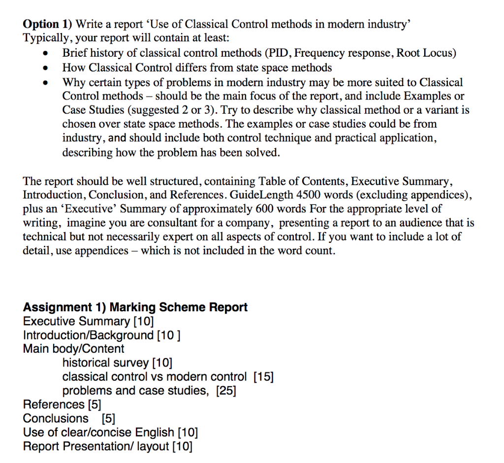 Option 1) Write a report ‘Use of Classical Control | Chegg.com