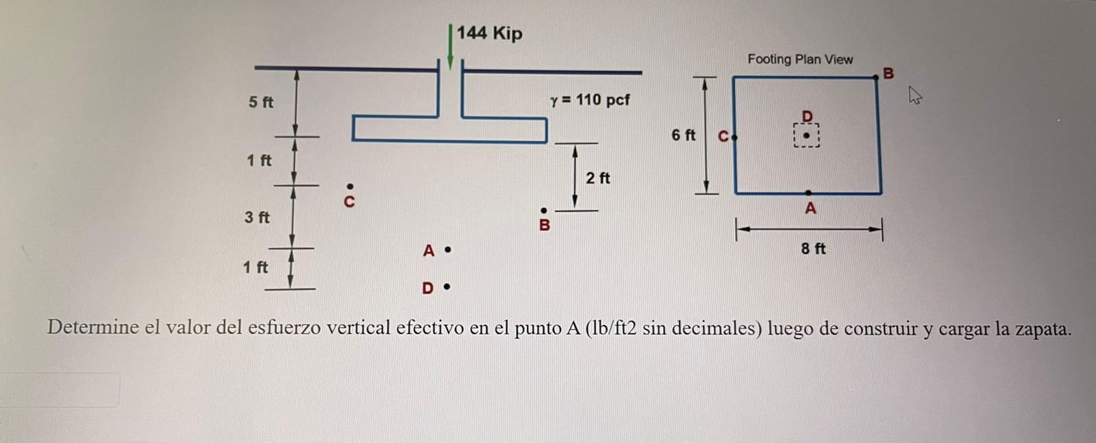 144 Kip Footing Plan View 5 ft 6 ft 1 ft 8 A 3 ft A. 8 ft 1 ft D. Determine el valor del esfuerzo vertical efectivo en el pun