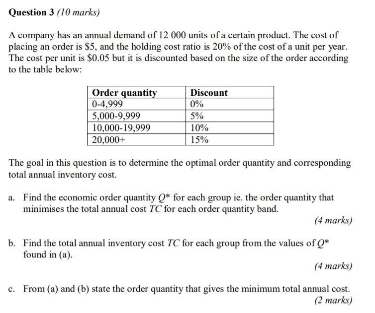 Solved Question 3 (10 marks) A company has an annual demand | Chegg.com