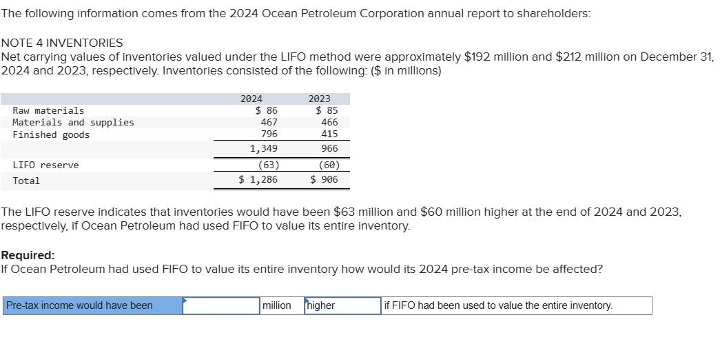 Solved The Following Information Comes From The 2024 Ocean Chegg Com   PhpmOFbvM