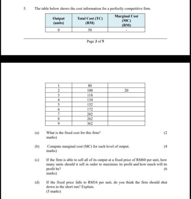 Solved 3. The table below shows the cost information for a | Chegg.com