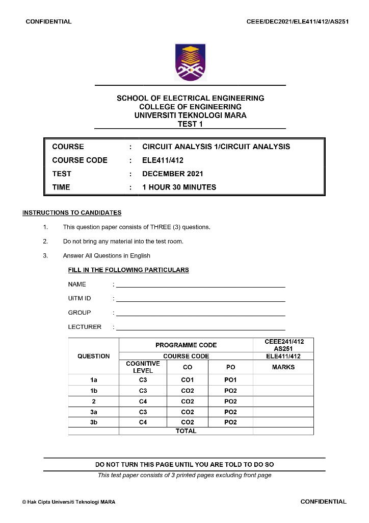 Solved CONFIDENTIAL CEEE/DEC 2021/ELE411/412/AS251 QUESTION | Chegg.com