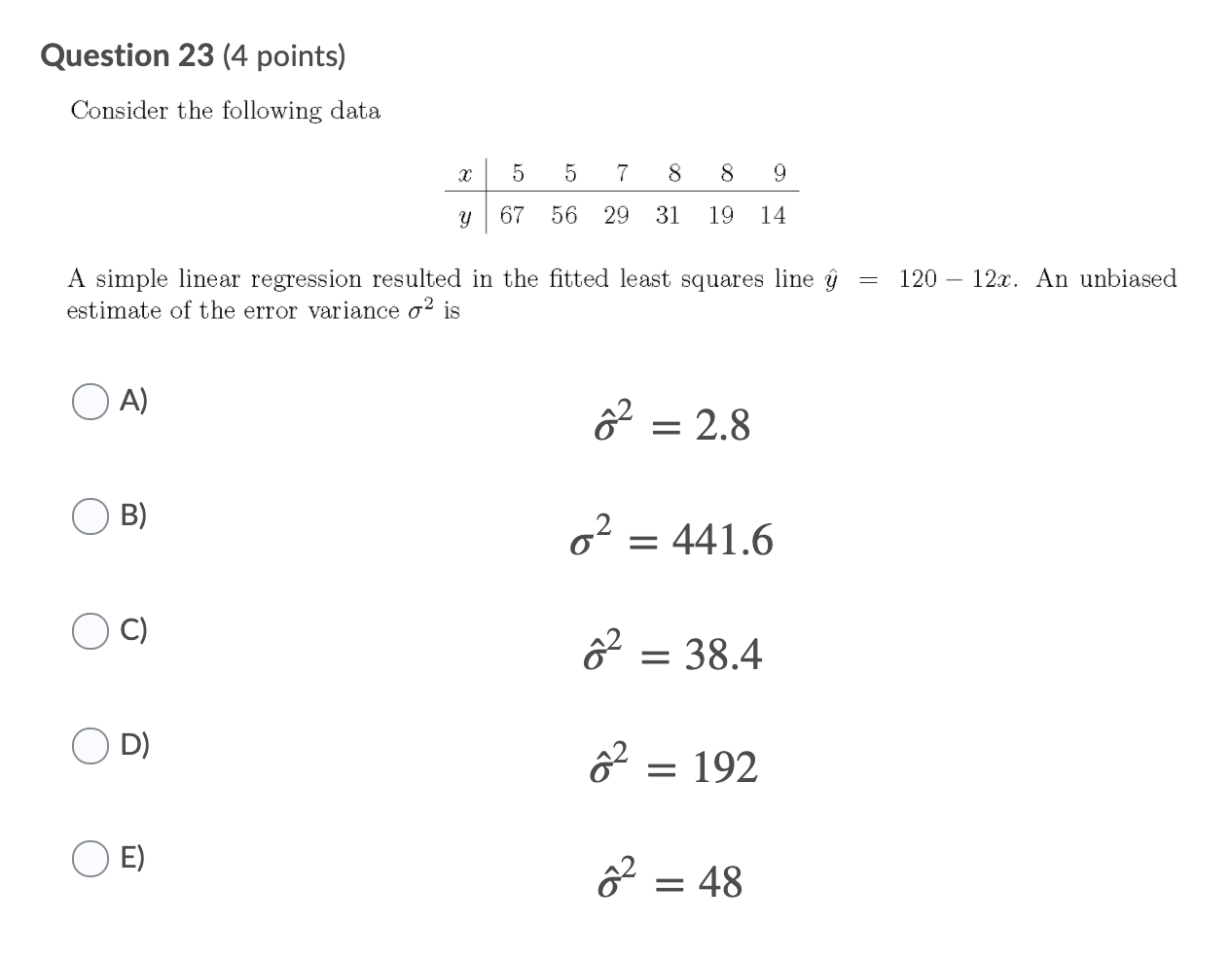 Solved Question 23 (4 points) Consider the following data x | Chegg.com