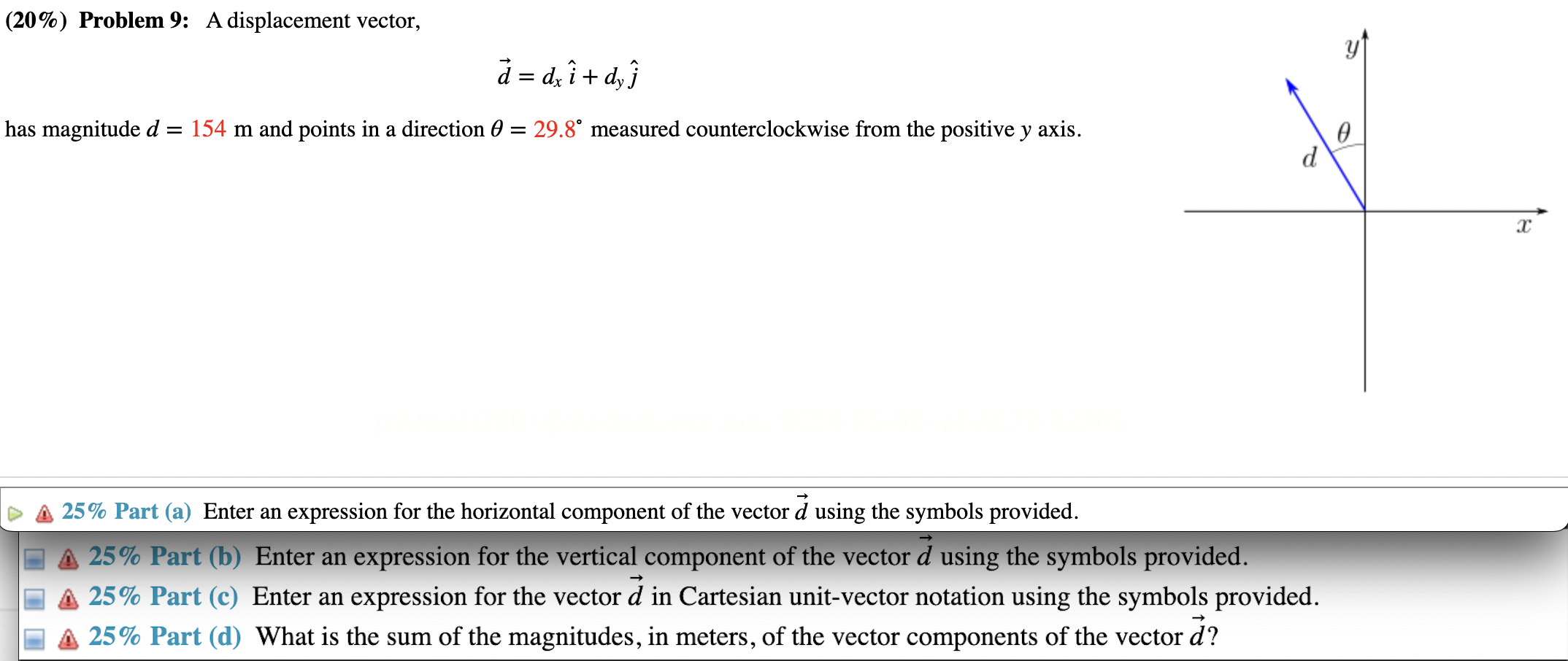 Solved (20\%) Problem 9: A displacement vector, d=dxi^+dyj^ | Chegg.com