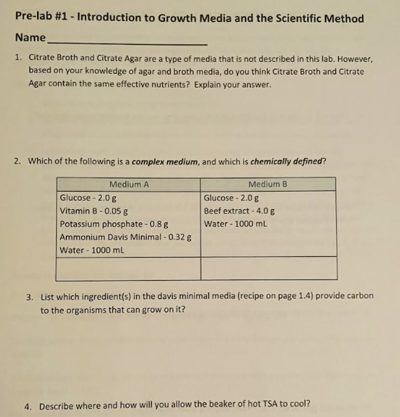 Solved Pre-lab #1 - Introduction to Growth Media and the | Chegg.com