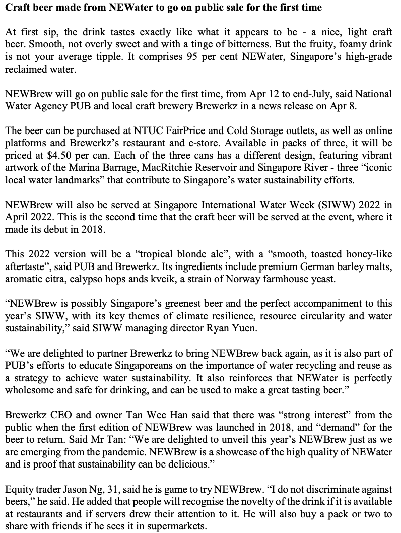 Solved Craft beer made from NEWater to go on public sale for