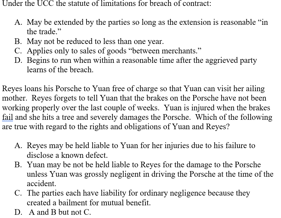 Solved Under the UCC the statute of limitations for breach