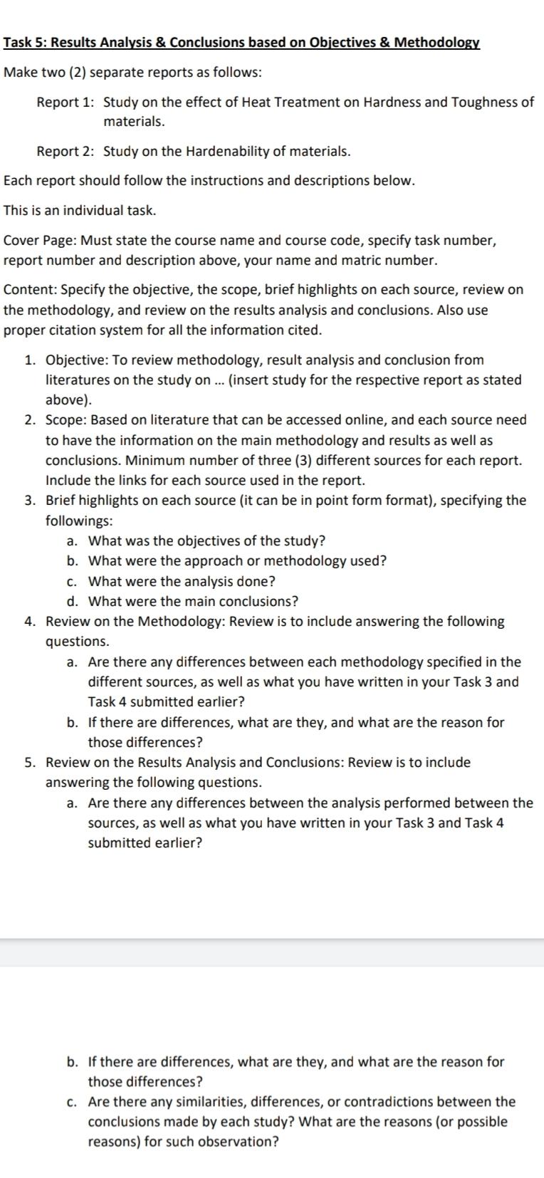 Task 5: Results Analysis & Conclusions based on | Chegg.com