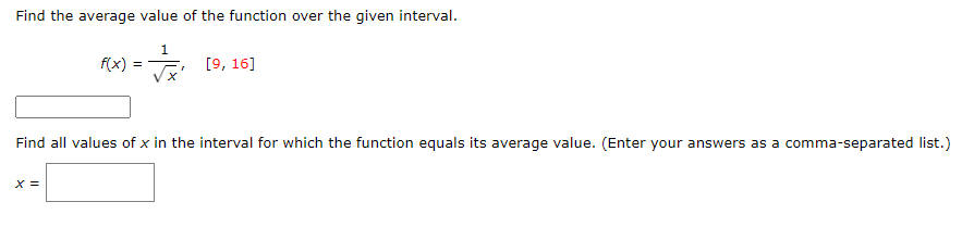 Solved Find the average value of the function over the given | Chegg.com