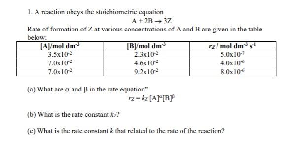 Solved 1. A reaction obeys the stoichiometric equation A Chegg