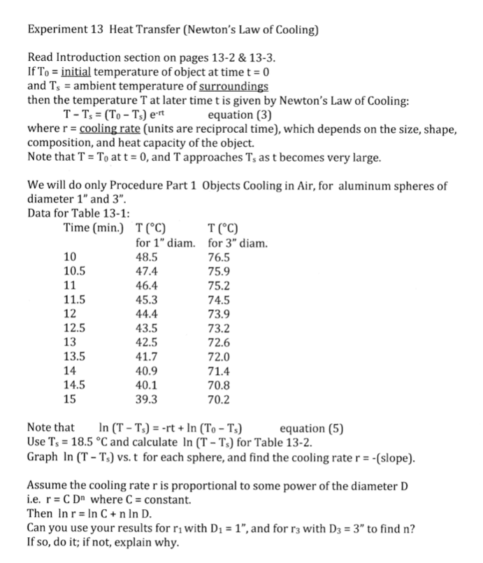 Solved Experiment 13 Heat Transfer (Newton's Law of Cooling)
