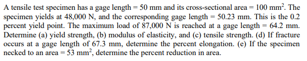 Solved A tensile test specimen has a gage length = 50 mm and | Chegg.com