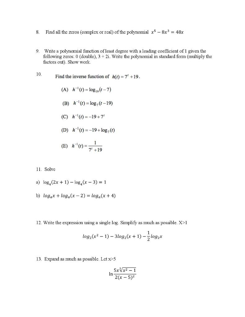 Math 48B - Final Review NOTE: The practice problems | Chegg.com