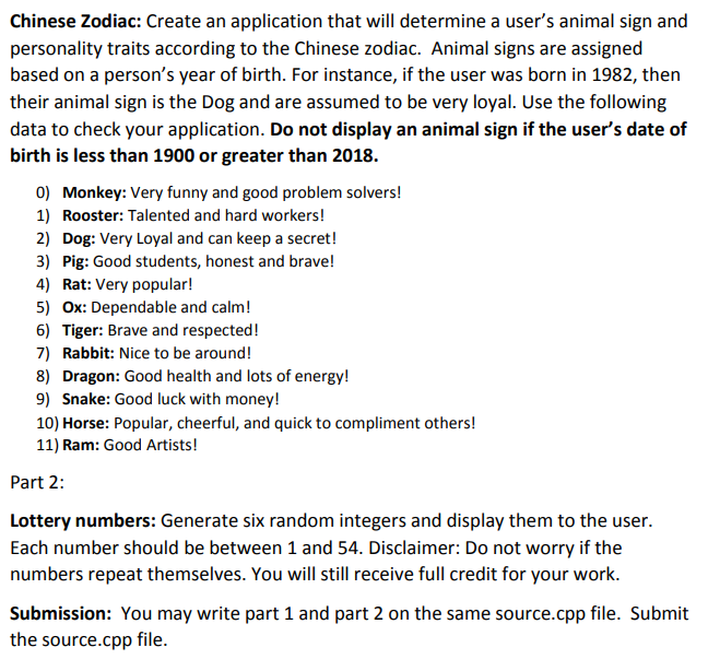 Solved Chinese Zodiac Create an application that will Chegg