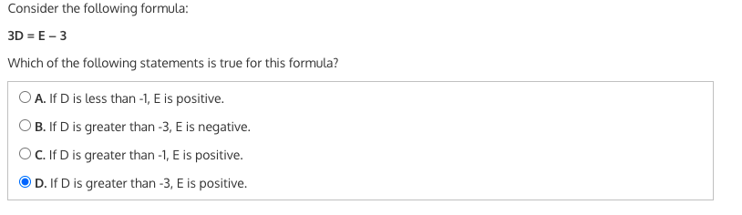Solved Consider the following formula: 3D = E-3 Which of the | Chegg.com