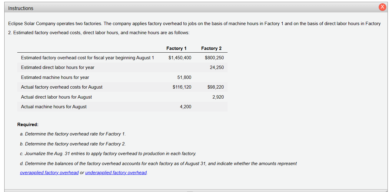Solved a. Determine the factory overhead rate for Factory | Chegg.com