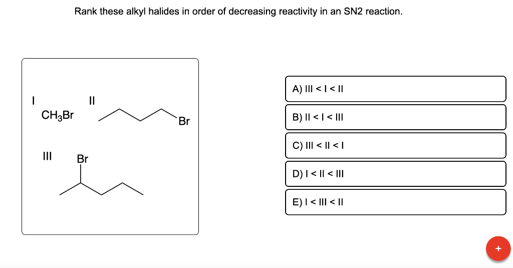 Rank these alkyl halides in order of decreasing reactivity in an SN2 reaction.