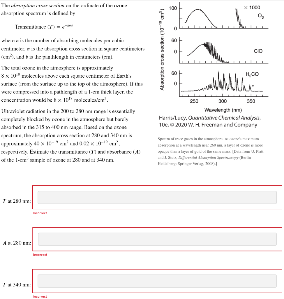 The absorption cross section on the ordinate of the ozone absorption spectrum is defined by
Transmittance \( (T)=e^{-n \sigma